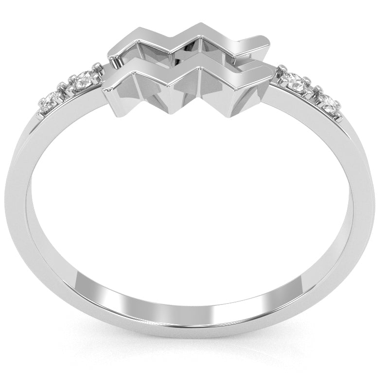 Aquarius Zodiac Sign Diamond Ring In Solid 14k White Gold