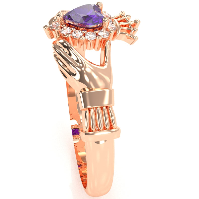 Claddagh Amethyst Diamond Ring In Solid 14k Rose Gold