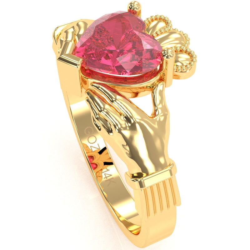 Claddagh Pink Tourmaline Ring In Solid 14k Yellow Gold