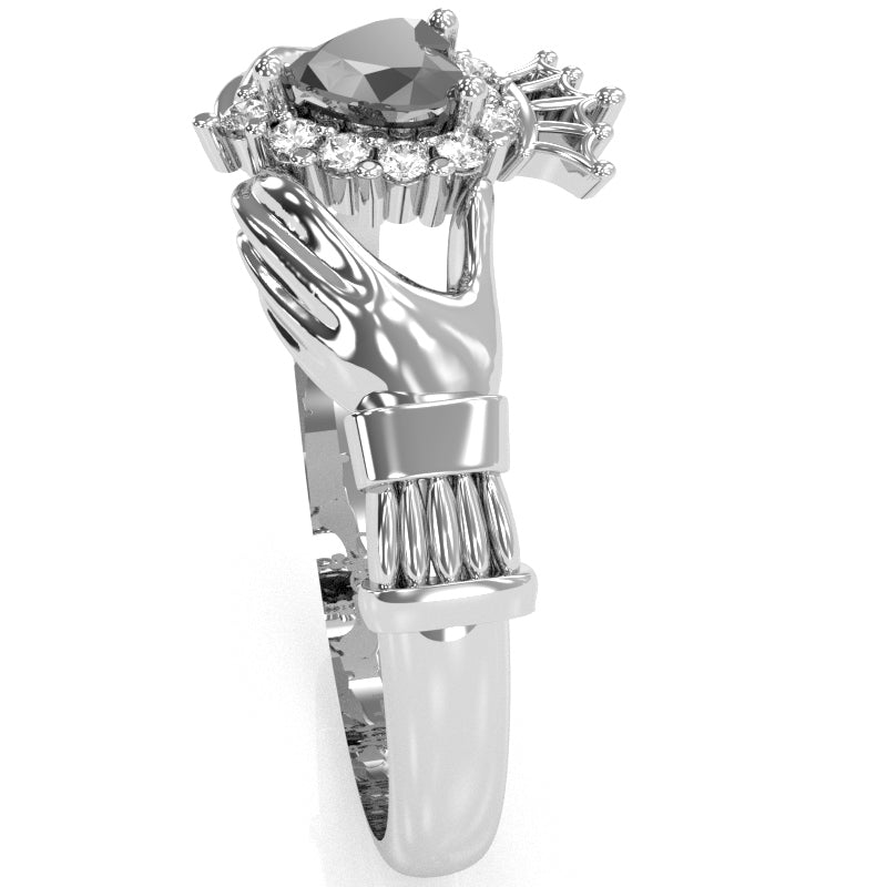 Claddagh Black Onyx Diamond Ring In Solid 14k White Gold