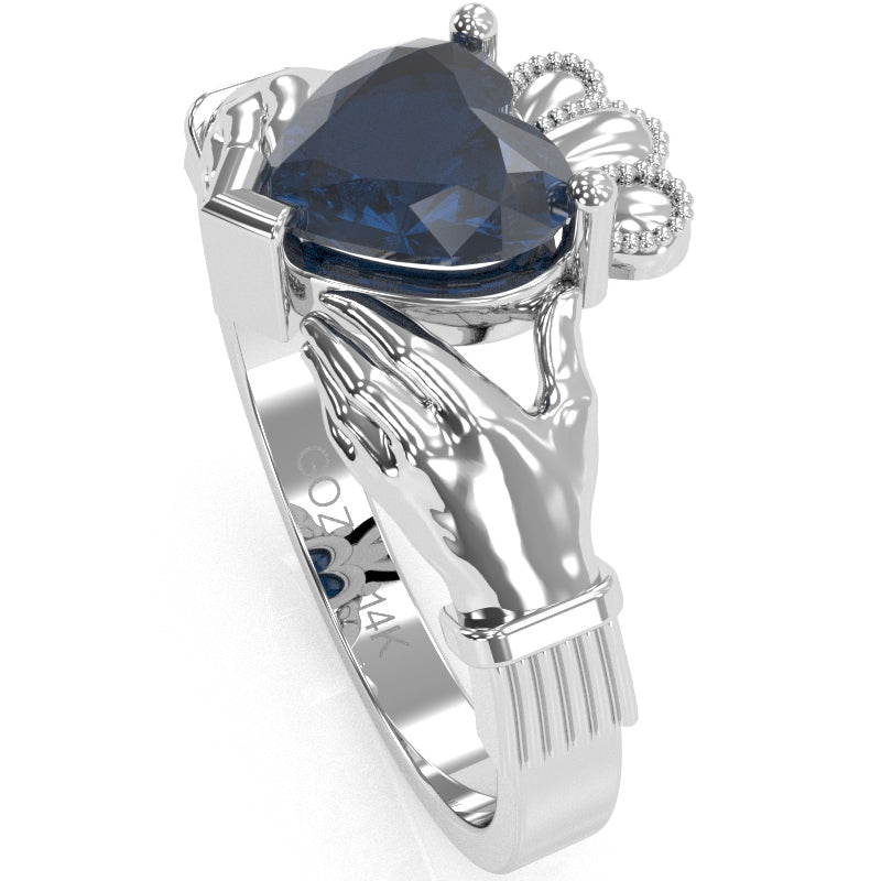Claddagh Lab-Created Sapphire Ring In Solid 14k White Gold