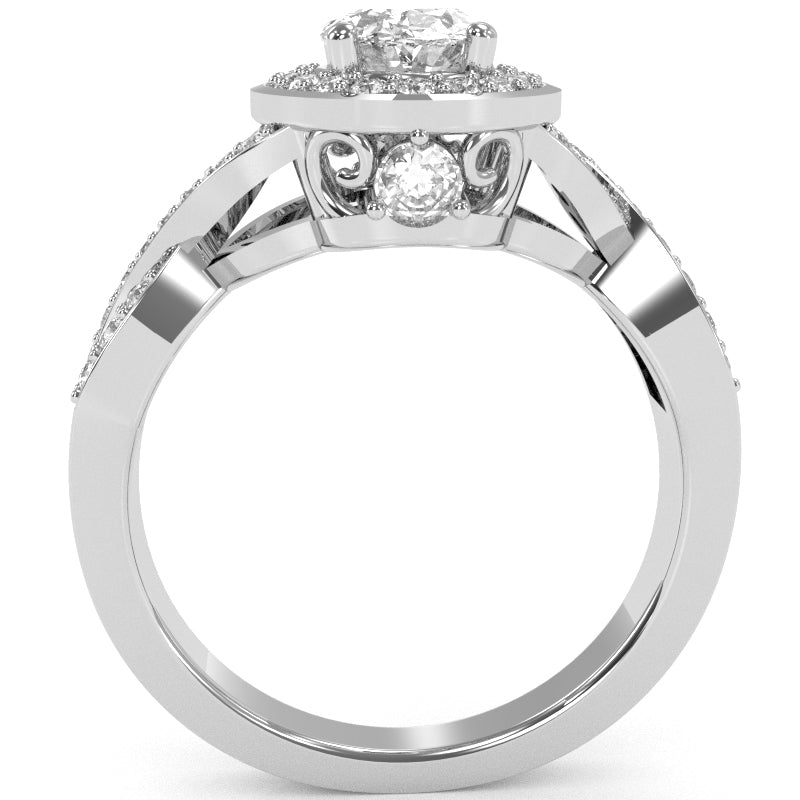 Three Stone White Topaz Diamond Peekaboo Halo Engagement Ring In 14k White Gold