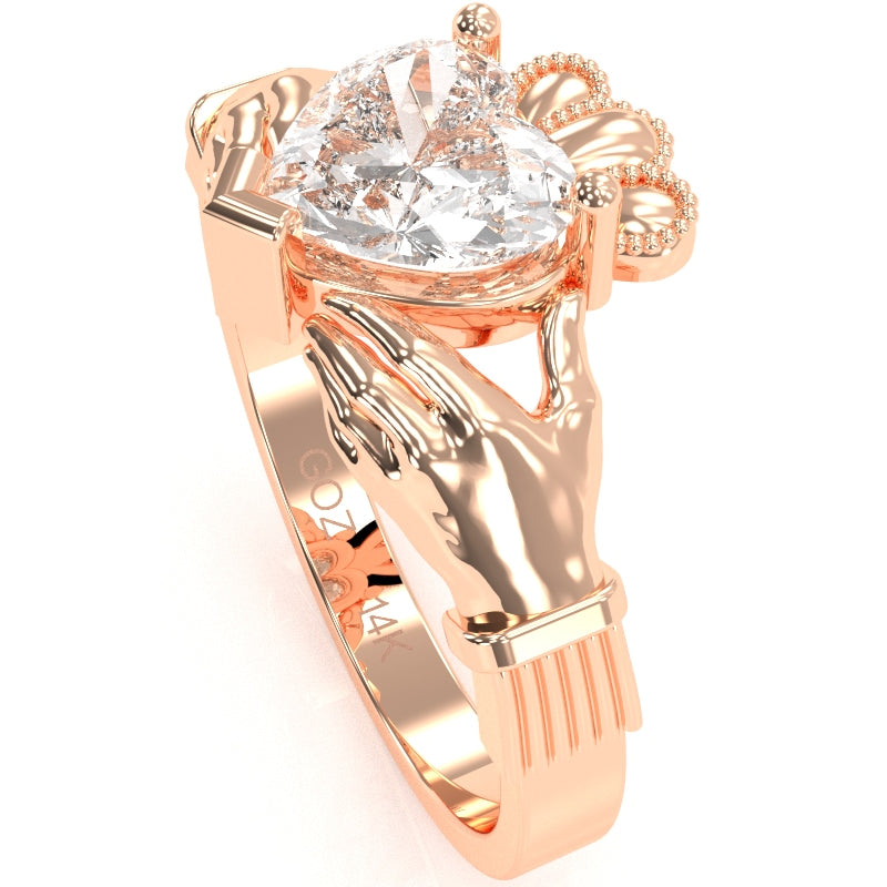 Claddagh White Topaz Ring In Solid 14k Rose Gold