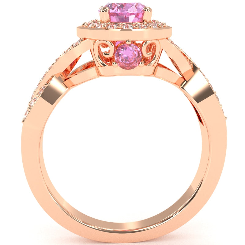 Three Stone Lab-Created Pink Sapphire Diamond Peekaboo Halo Engagement Ring In 14k Rose Gold