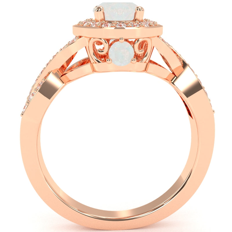 Three Stone Opal Diamond Peekaboo Halo Engagement Ring In 14k Rose Gold
