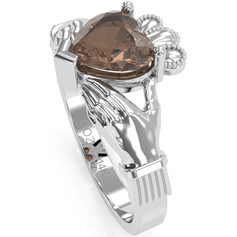 Claddagh Smoky Quartz Ring In Solid 14k White Gold