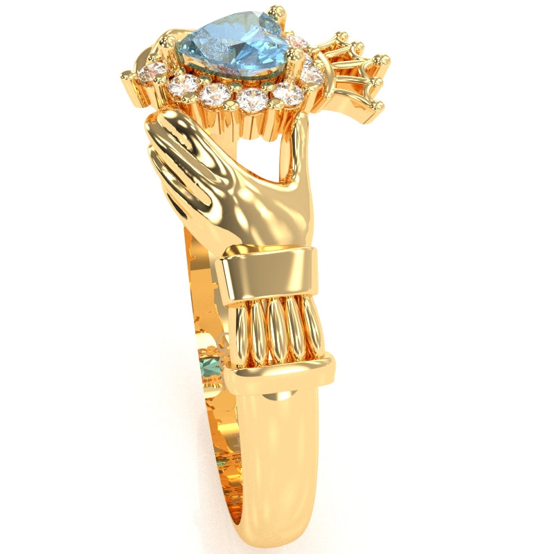 Claddagh Blue Topaz Diamond Ring In Solid 14k Yellow Gold