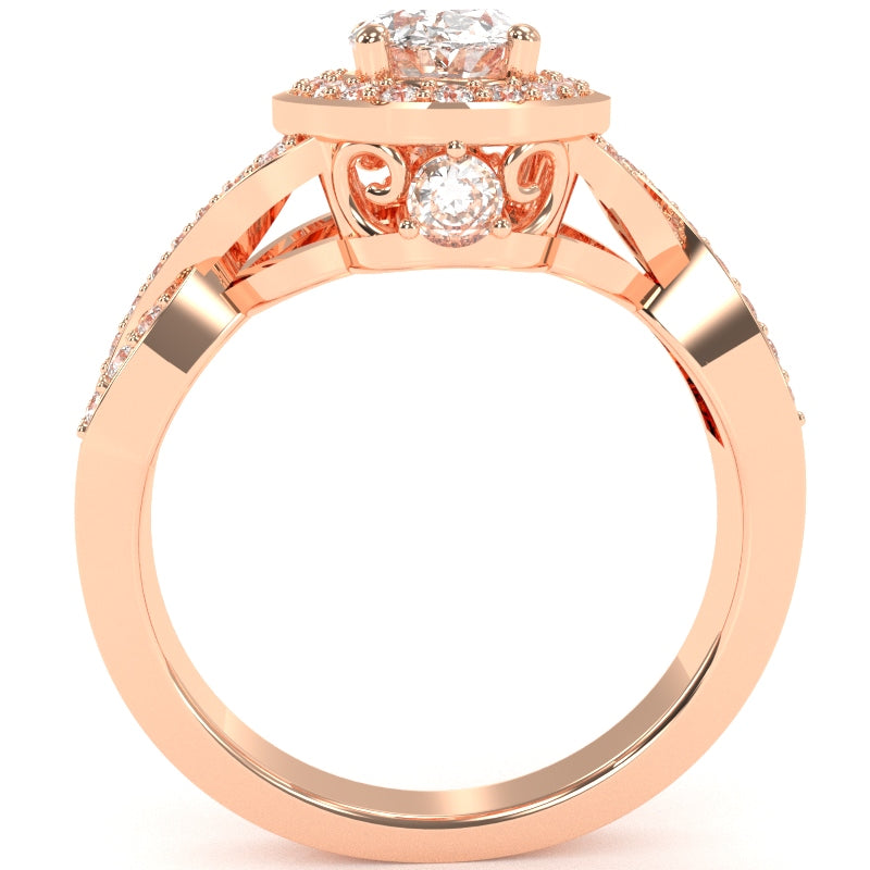 Three Stone White Topaz Diamond Peekaboo Halo Engagement Ring In 14k Rose Gold