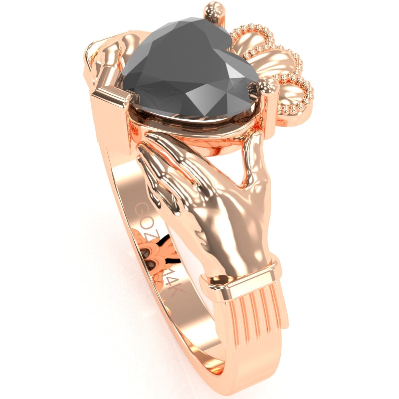 Claddagh Black Onyx Ring In Solid 14k Rose Gold
