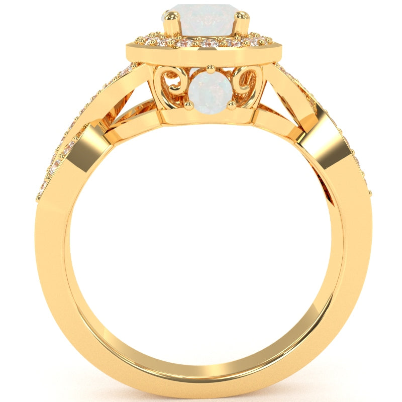 Three Stone Opal Diamond Peekaboo Halo Engagement Ring In 14k Yellow Gold