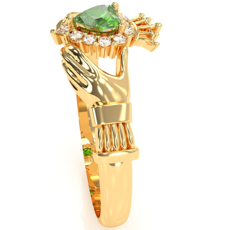 Claddagh Peridot Diamond Ring In Solid 14k Yellow Gold