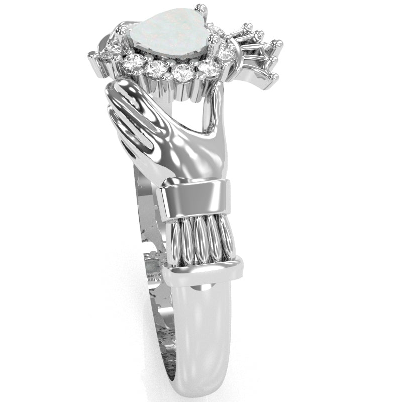 Claddagh Opal Diamond Ring In Solid 14k White Gold