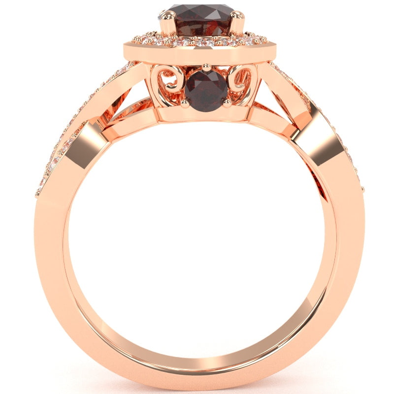 Three Stone Garnet Diamond Peekaboo Halo Engagement Ring In 14k Rose Gold
