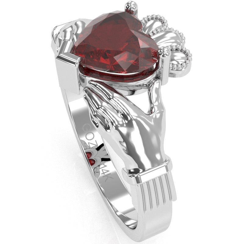 Claddagh Lab-Created Ruby Ring In Solid 14k White Gold