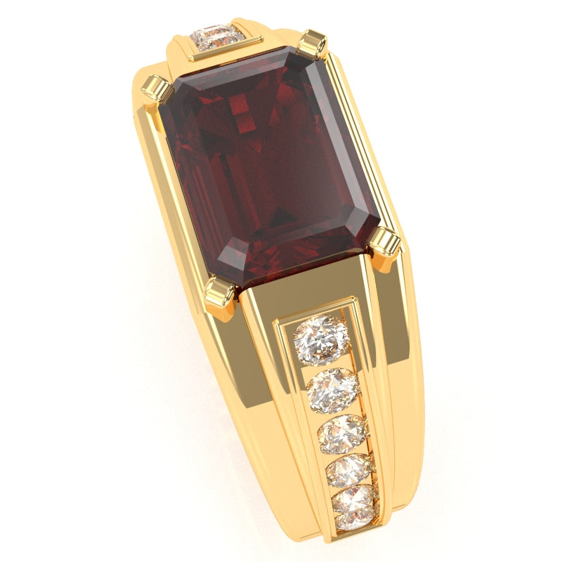Men's Garnet Diamond Channel Ring In Solid 14k Yellow Gold
