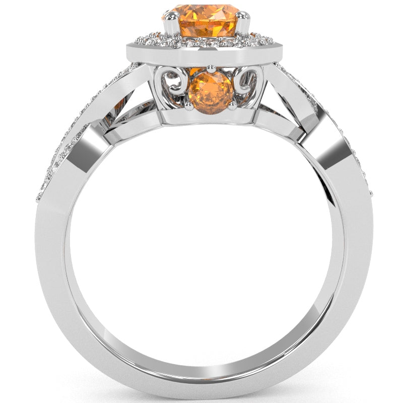 Three Stone Citrine Diamond Peekaboo Halo Engagement Ring In 14k White Gold
