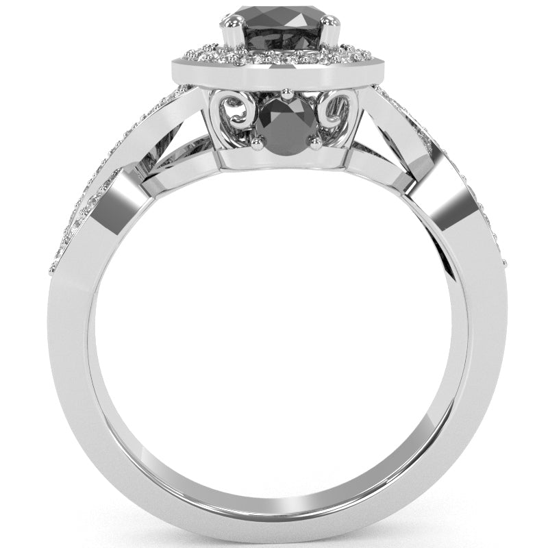 Three Stone Black Onyx Diamond Peekaboo Halo Engagement Ring In 14k White Gold