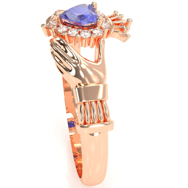Claddagh Tanzanite Diamond Ring In Solid 14k Rose Gold