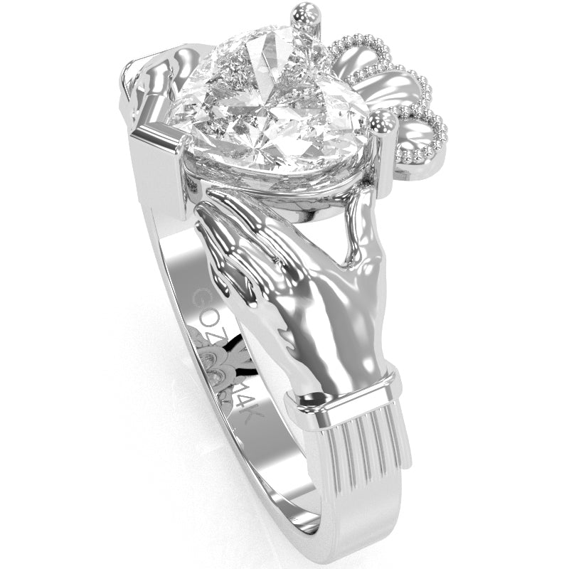 Claddagh White Topaz Ring In Solid 14k White Gold