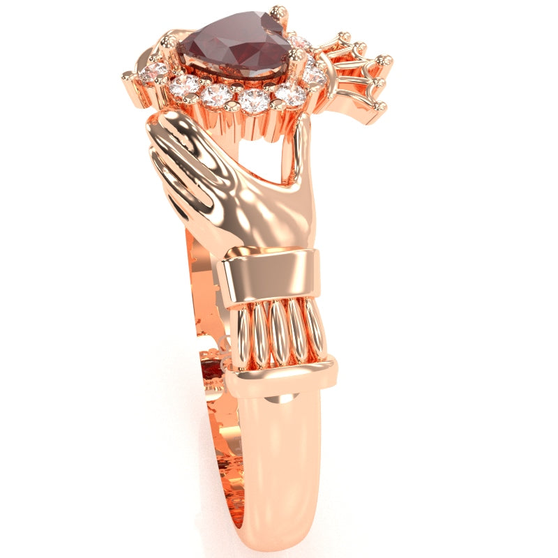 Claddagh Ruby Diamond Ring In Solid 14k Rose Gold