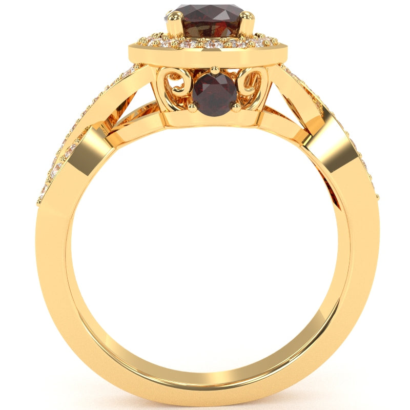 Three Stone Garnet Diamond Peekaboo Halo Engagement Ring In 14k Yellow Gold