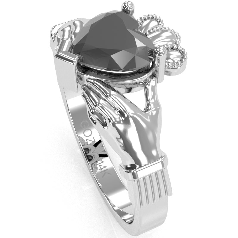 Claddagh Black Onyx Ring In Solid 14k White Gold