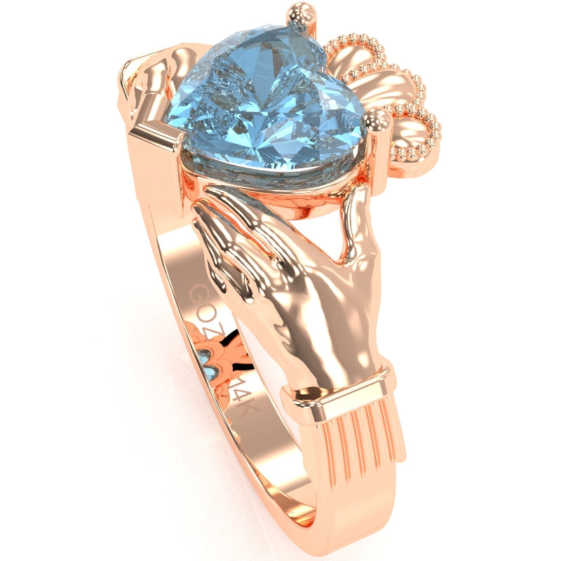Claddagh Blue Topaz Ring In Solid 14k Rose Gold