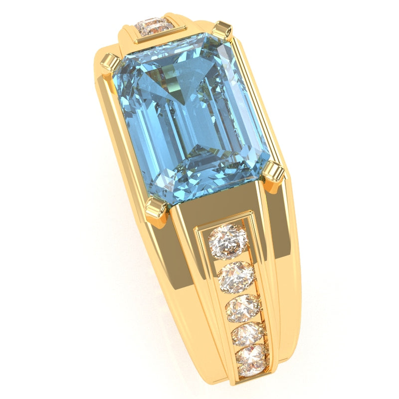 Men's Blue Topaz Diamond Channel Ring In Solid 14k Yellow Gold