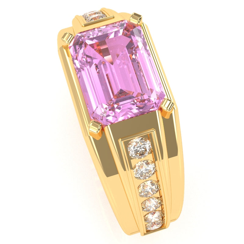 Men's Lab-Created Pink Sapphire Diamond Channel Ring In Solid 14k Yellow Gold
