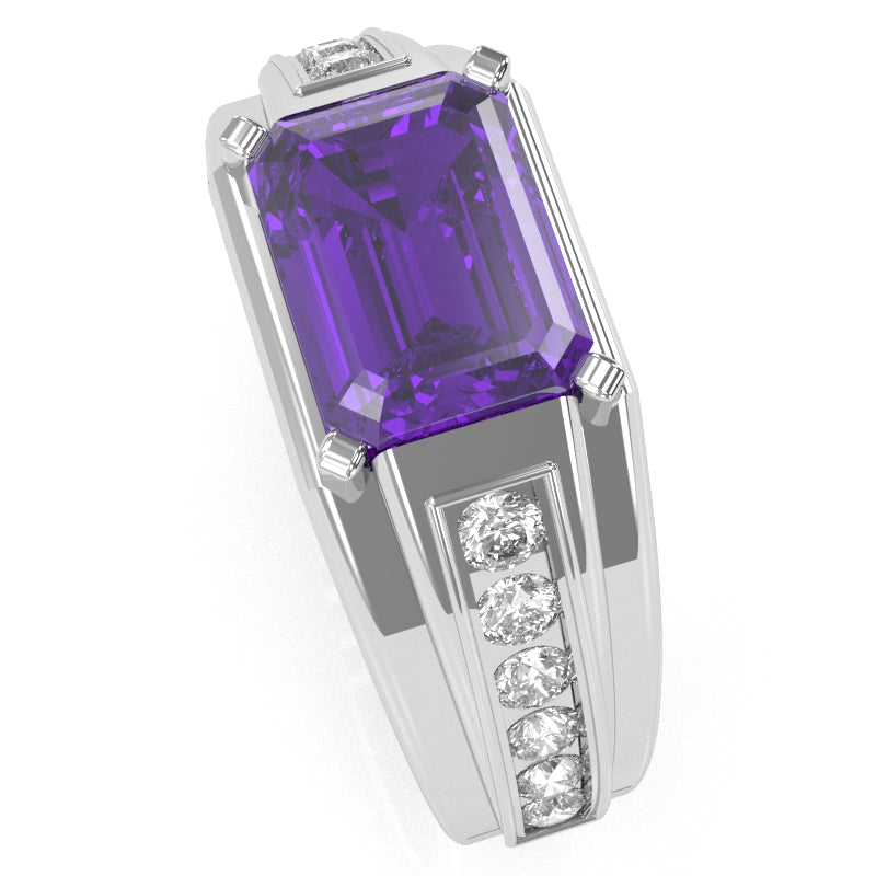 Men's Amethyst Diamond Channel Ring In Solid 14k White Gold