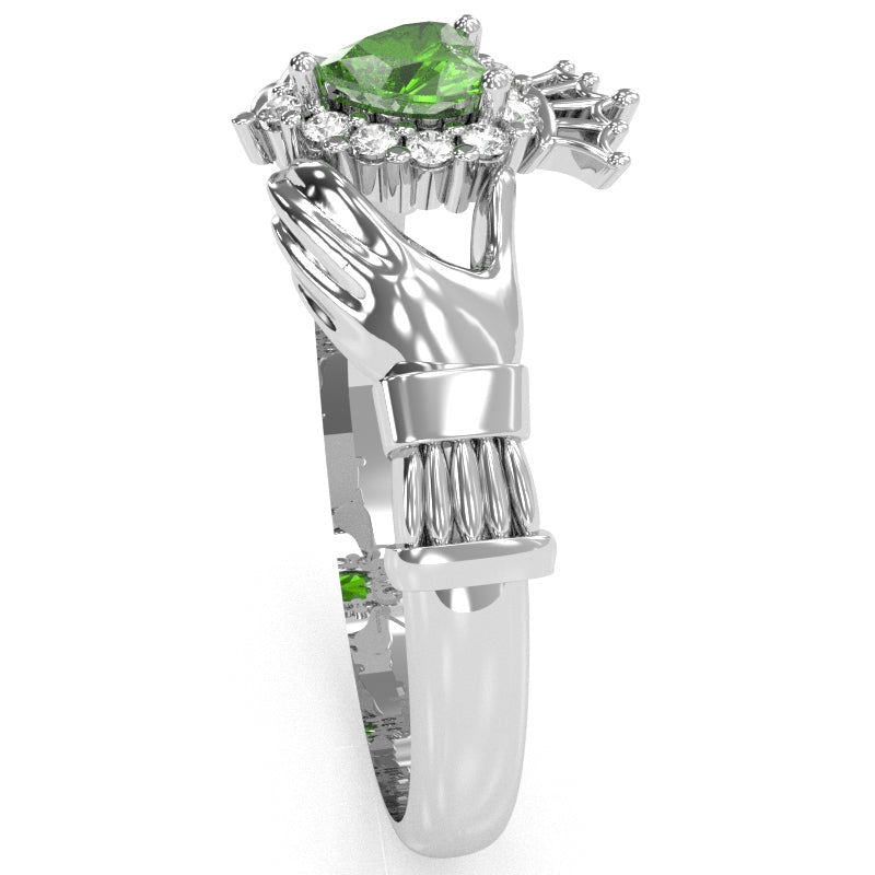 Claddagh Lab-Created Emerald Diamond Ring In Solid 14k White Gold
