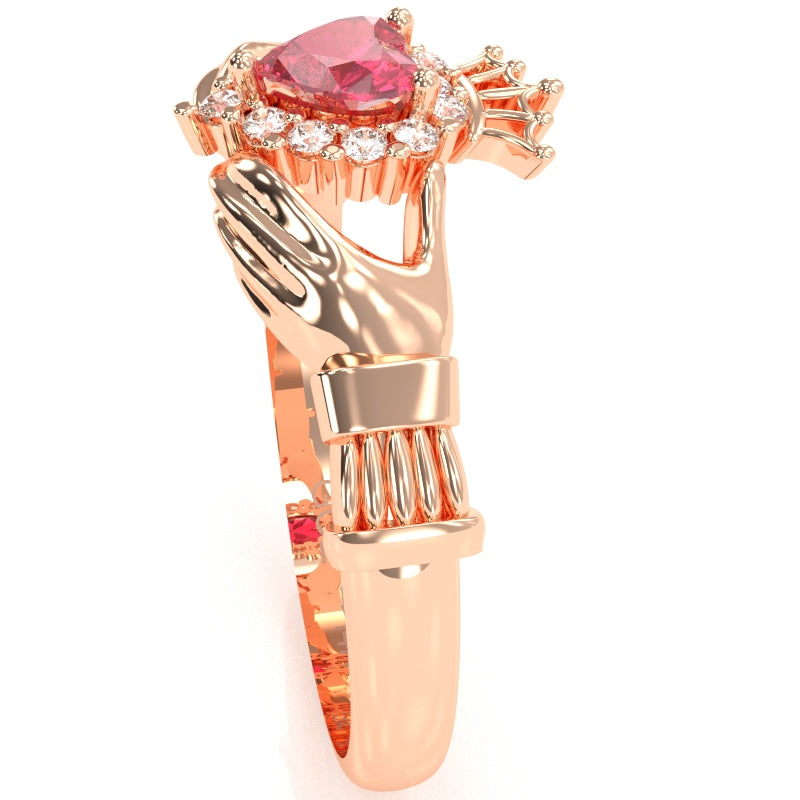 Claddagh Pink Tourmaline Diamond Ring In Solid 14k Rose Gold