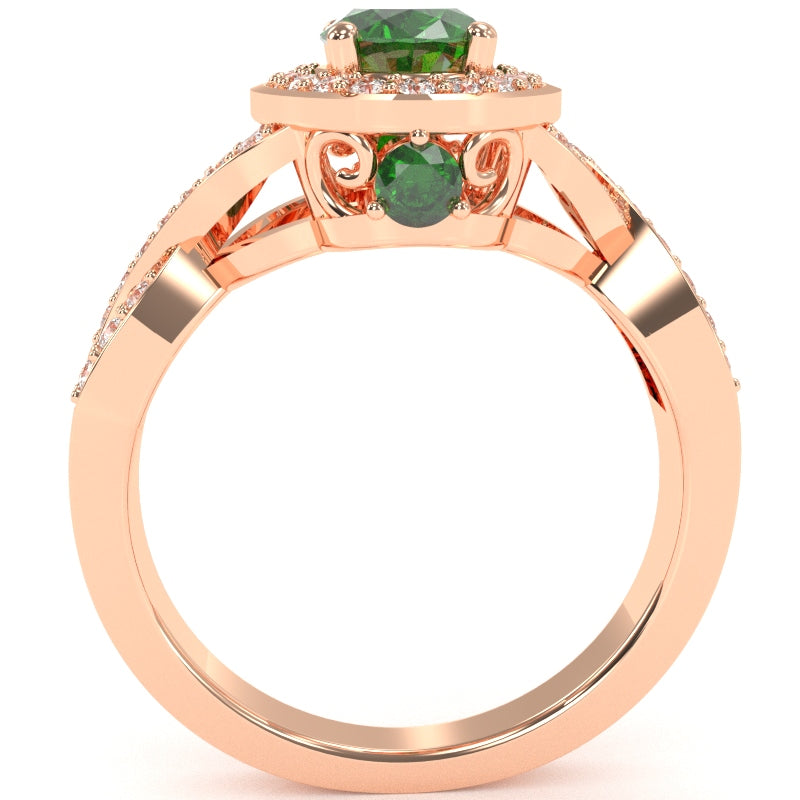 Three Stone Lab-Created Emerald Diamond Peekaboo Halo Engagement Ring In 14k Rose Gold