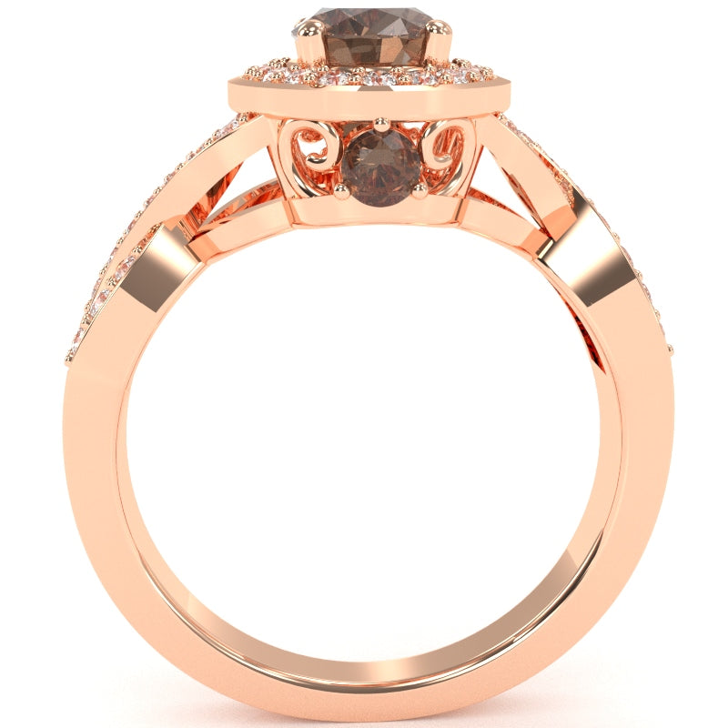 Three Stone Smoky Quartz Diamond Peekaboo Halo Engagement Ring In 14k Rose Gold