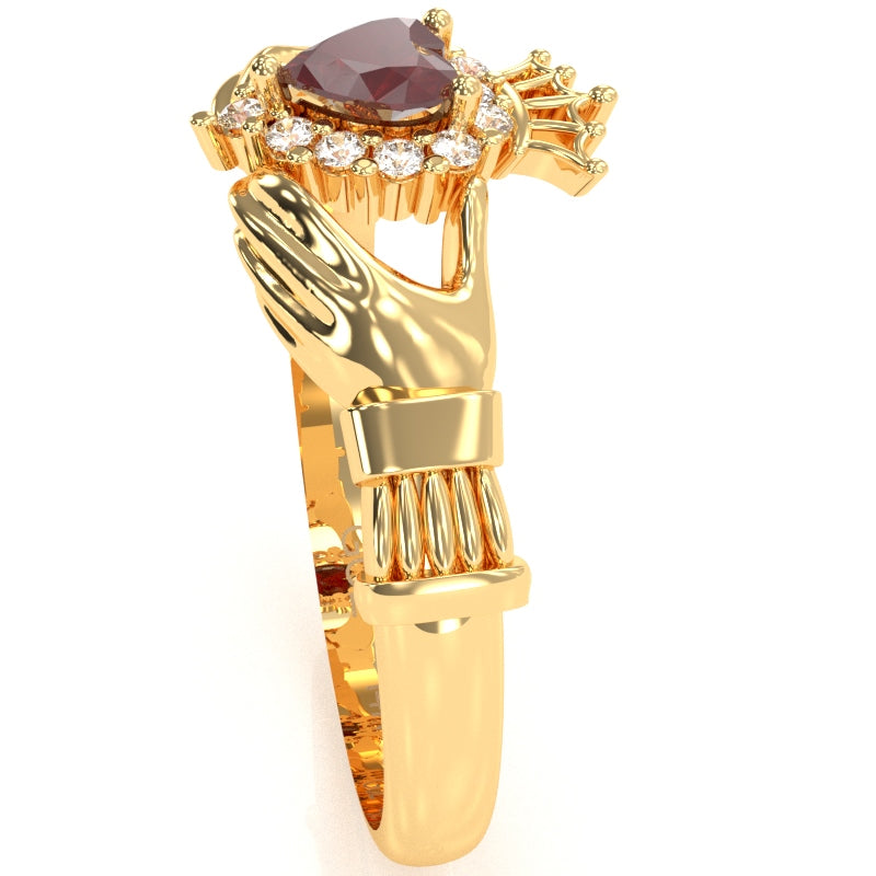 Claddagh Ruby Diamond Ring In Solid 14k Yellow Gold