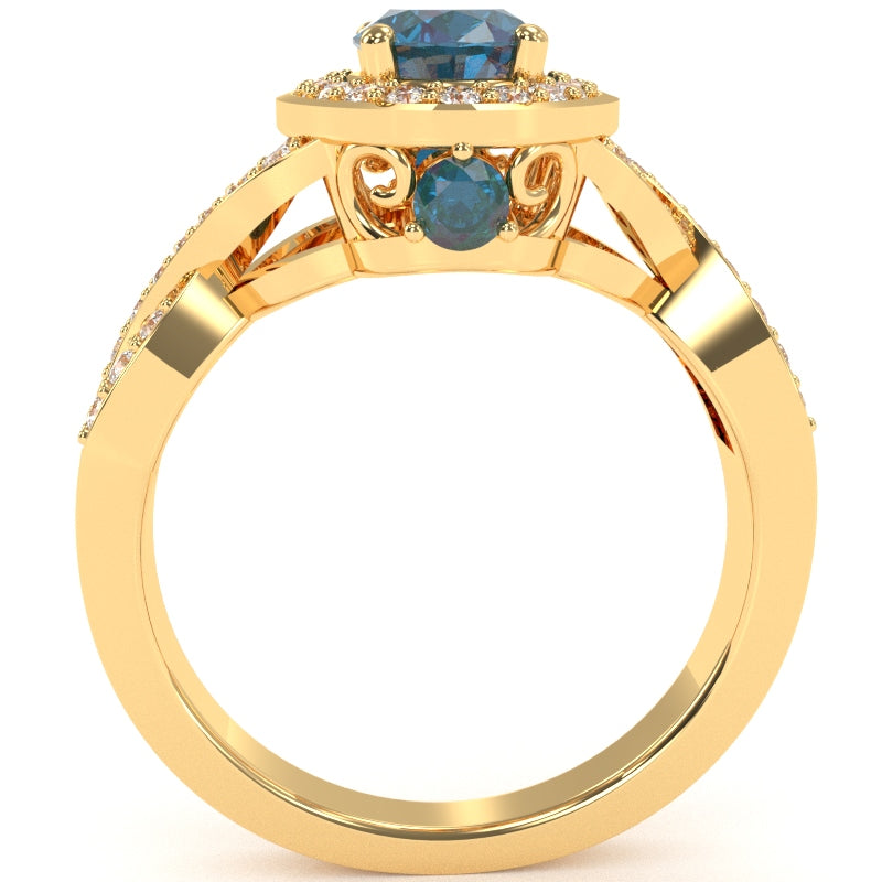 Three Stone Lab-Created Alexandrite Diamond Peekaboo Halo Engagement Ring In 14k Yellow Gold