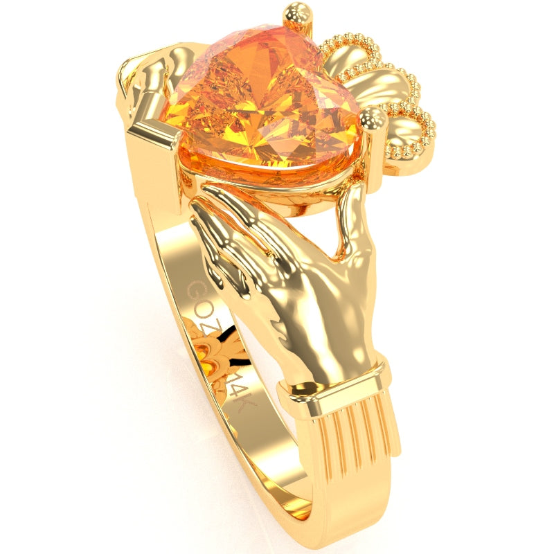 Claddagh Citrine Ring In Solid 14k Yellow Gold