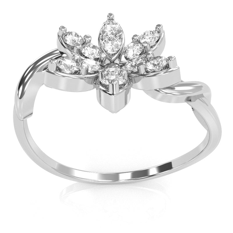 Twisted Vine Diamond Encrusted Flower Ring In 14k White Gold