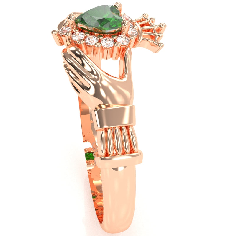 Claddagh Lab-Created Emerald Diamond Ring In Solid 14k Rose Gold