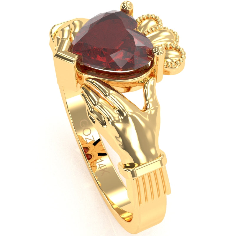 Claddagh Lab-Created Ruby Ring In Solid 14k Yellow Gold