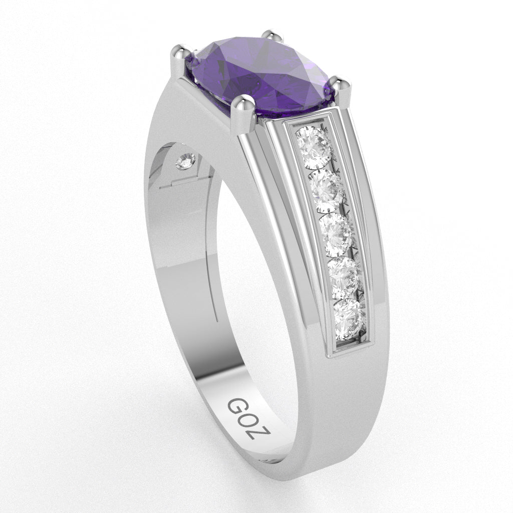 Amethyst Diamond Designer Channel Ring In 10k White Gold