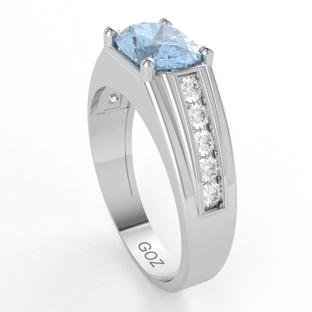 Aquamarine Diamond Designer Channel Ring In 10k White Gold