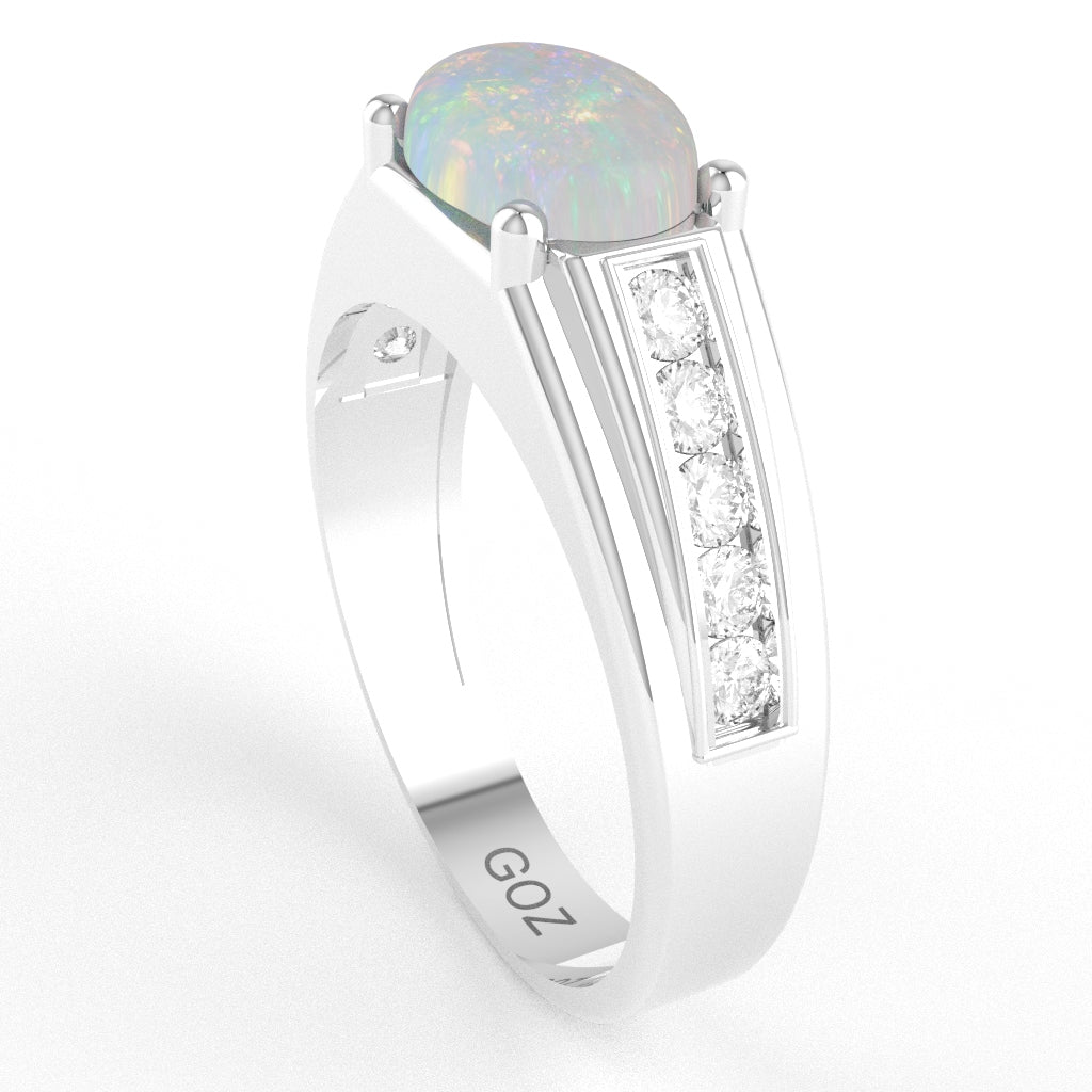 Opal Diamond Designer Channel Ring In 10k White Gold