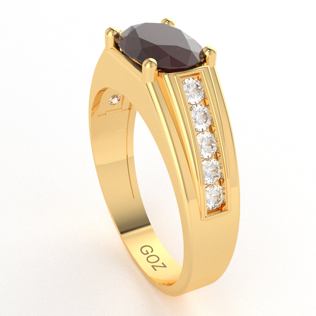 Garnet Diamond Designer Channel Ring In 10k Yellow Gold
