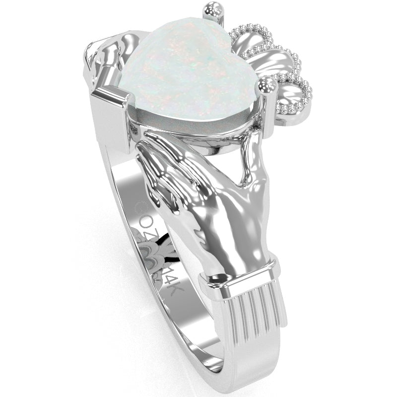 Claddagh Opal Ring In Solid 14k White Gold