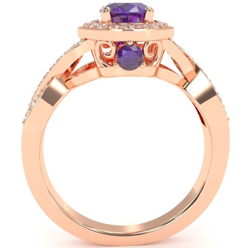 Three Stone Amethyst Diamond Peekaboo Halo Engagement Ring In 14k Rose Gold