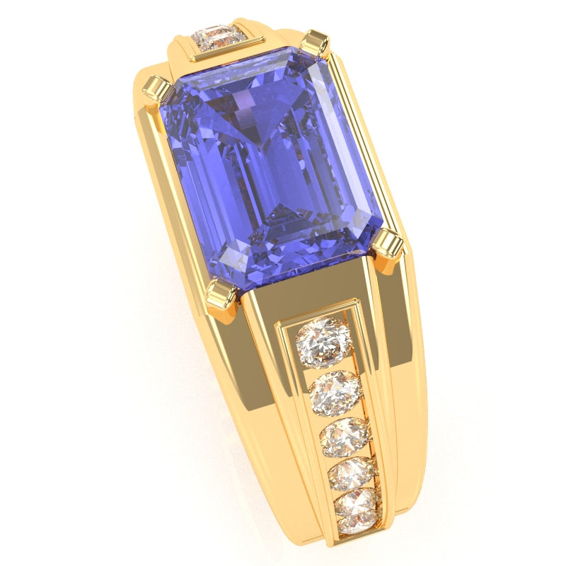 Men's Tanzanite Diamond Channel Ring In Solid 14k Yellow Gold