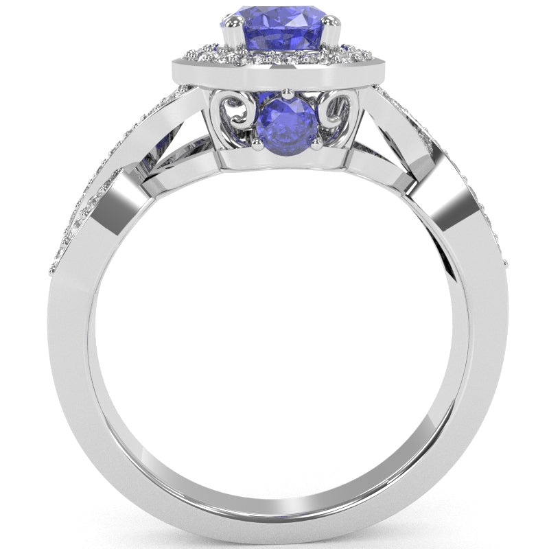 Three Stone Tanzanite Diamond Peekaboo Halo Engagement Ring In 14k White Gold
