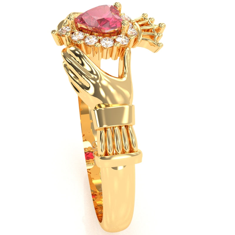 Claddagh Pink Tourmaline Diamond Ring In Solid 14k Yellow Gold