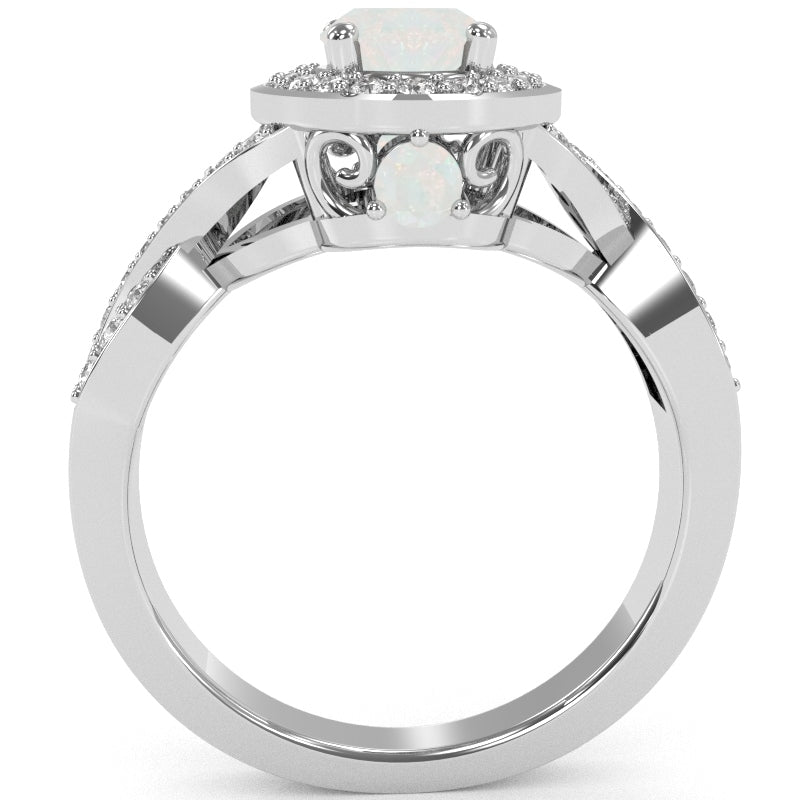 Three Stone Opal Diamond Peekaboo Halo Engagement Ring In 14k White Gold